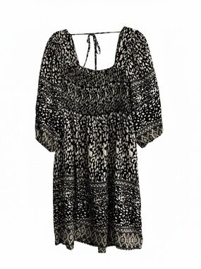 Umgee USA Smocked Boho‎ Animal Print Dress Black White Sz L Smocked Chest